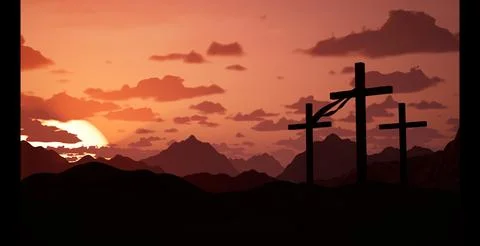 Three crosses on sacred jerusalem mountain at sunset Stock Illustration