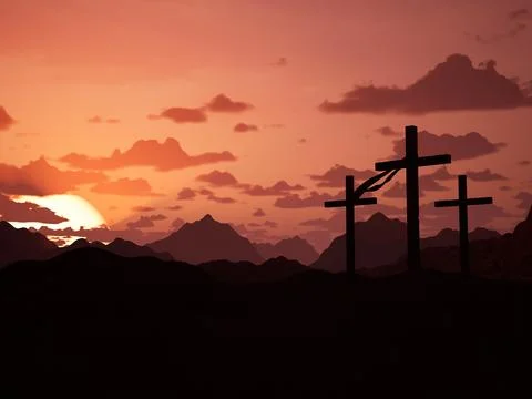 Three crosses on sacred jerusalem mountain at sunset Stock Illustration
