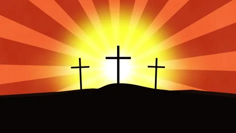 Three crosses silhouette sunrise motion graphic with glowing sun rays Stock Footage 346545686