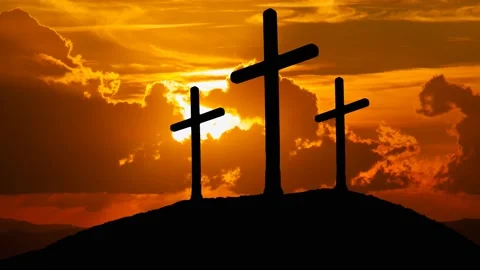 Three Crosses in Silhouette: Time Lapse with Red Sun and Fiery Sky Stock Footage 219250398