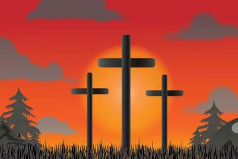 Three crosses at sunset Stock Illustration