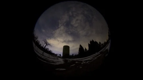 Three Crown Farm, Cloudy Moonrise, Dusk-Dawn Circular Fisheye Time Lapse, VR, IR Stock Footage 89458669
