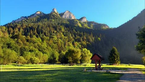 Three Crowns Mountain Peak in Sunlight – Forest Landscape Stock Photos