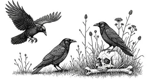 Three Crows Perch on Skull and Grass, One Flying Overhead Stockillustratie