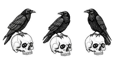 Three Crows Perched on Skulls, Gothic Illustration Stockillustratie