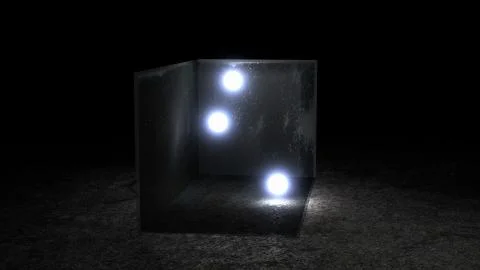 Three Crystal Balls with illuminating light in a transparent glass box Illustrazione stock