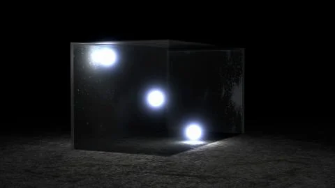 Three crystal Balls with illuminating light in a transparent glass box Illustrazione stock