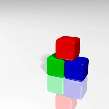Three cubes, red, green and blue, on a glossy surface, 3-d illustration Stock Illustration