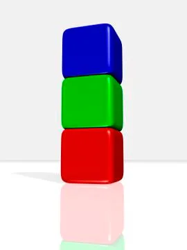 Three cubes, red, green and blue, on a glossy surface, 3-d illustration Stock Illustration