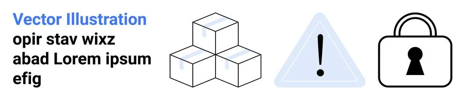 Three cubes stacked, exclamation mark inside a triangle, and padlock with key 스톡 일러스트