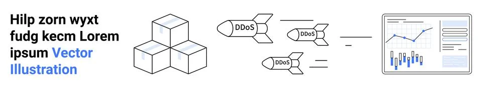 Three cubes, text in black and blue, missiles labeled DDoS, data graph with c Illustrazione stock