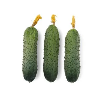 Three cucumbers in flat lay isolated on white. Stock Photos