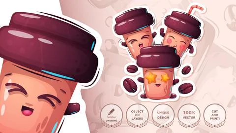 Three cup coffee - cute sticker Stock Illustration