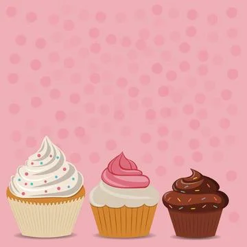 Three cupcakes on a pink background. Stock Illustration