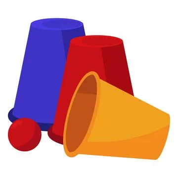 Three cups with ball magic illusion stuff, shell game, focus trick, circus show Stock Illustration