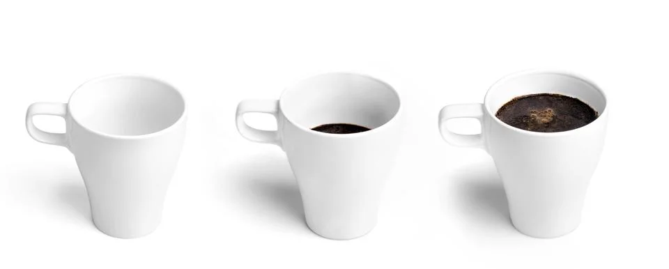 Three cups of coffee, empty, semifull and full one, isolated on white backgro Stock Photos