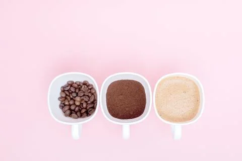 Three cups of difference stages of coffee preparation or the making of coffee Stock Photos