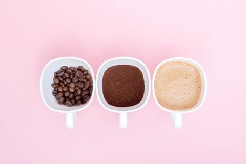 Three cups of difference stages of coffee preparation or the making of coffee Stock Photos