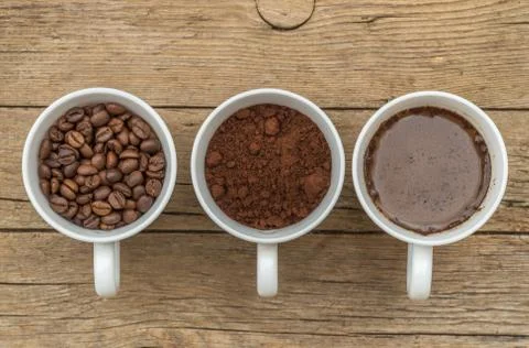 Three cups of different stages of preparing coffee Stock Photos