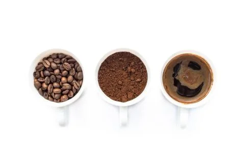 Three cups of different stages of preparing coffee Stock Photos