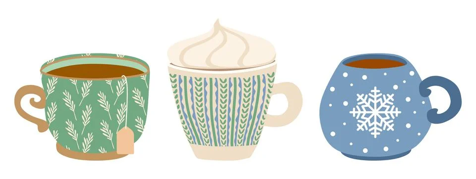 Three cups of warming drinks. Set of vector flat illustrations isolated on wh Stock Illustration
