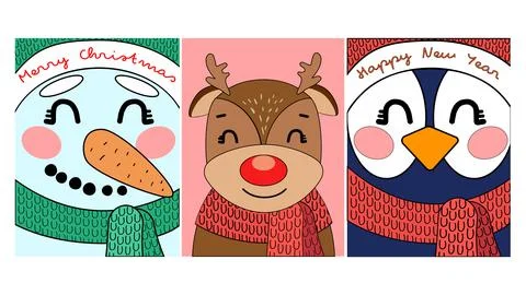 Three cute cards with snowman, deer and penguin Stock Illustration