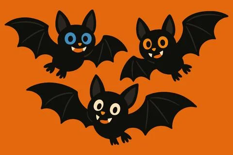 Three Cute Cartoon Bats Flying on Orange Background Stock Illustration