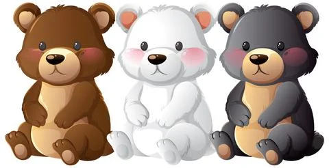 Three Cute Cartoon Bear Cubs Sitting in a Row Stock Illustration