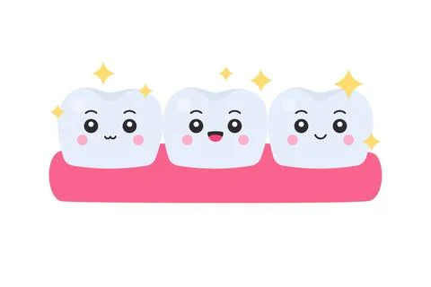 Three cute cartoon clean sparkling white tooth characters embedded in pink .. Stock Illustration