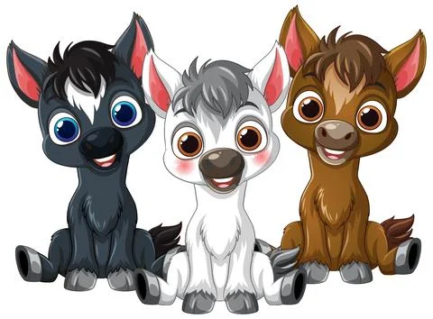 Three Cute Cartoon Foals Sitting Together on White Background Stock Illustration