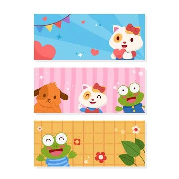 Three Cute Characters On Banner Stock Illustration