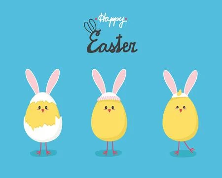 Three cute chicks with bunny ears happy easter. Vector illustration of a banner Stock Illustration