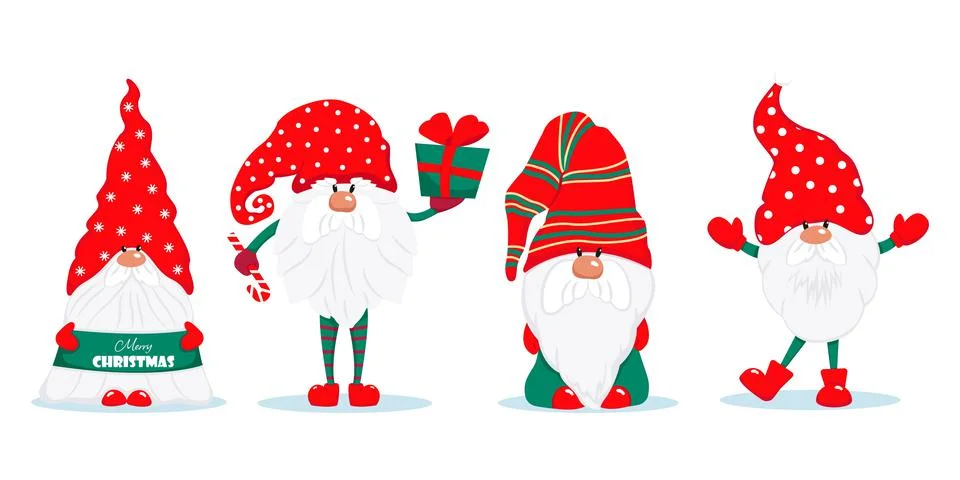 Three cute Christmas gnomes. Vector characters in flat style. Set of Christmas Stock Illustration