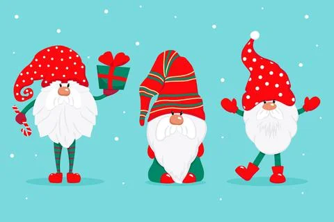 Three cute Christmas gnomes. Vector characters in flat style. Set of Christmas Stock Illustration