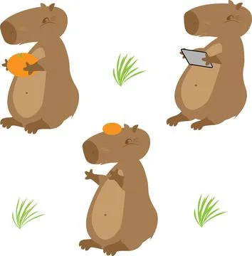 Three cute cute capybaras with a tablet and tangerines. Vector illustration.. Stock Illustration