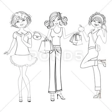 Three cute fashion girls, black and white vector illustration isolated on whi Stock Illustration