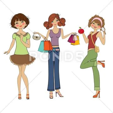 Three cute fashion girls isolated on white background Stock Illustration