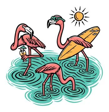 Three cute flamingos on the beach Illustrazione stock