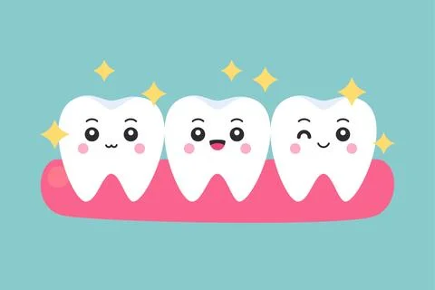 Three cute flat cartoon clean sparkling white tooth characters on pink gum .. Stock Illustration