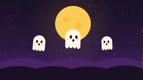 Three cute ghosts floating in front of a full moon on a starry Halloween night Stock-Footage 347895485