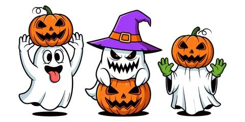 Three cute halloween ghosts with pumpkin heads and witch hat Stock Illustration