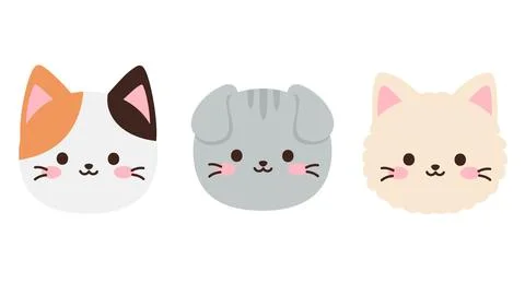 Three cute kawaii cat faces in calico gray and cream color Stock Illustration