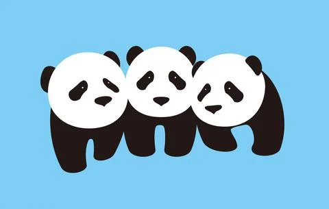 Three cute panda babies standing together, flat design, vector Stock Illustration