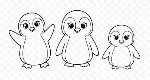 Three Cute Penguin Characters, Simple Outline Art, Cheerful &amp; Playful Style Stock Illustration