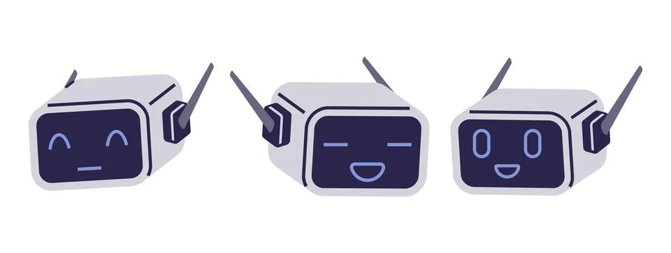 Three Cute Robots Showing Different Facial Expressions with Antennas Stock Illustration