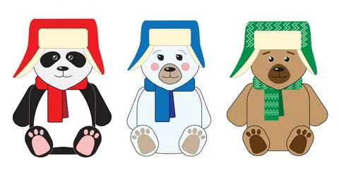 Three cute teddy bears: teddy, panda and polar bear, sitting in hats with Stock Illustration