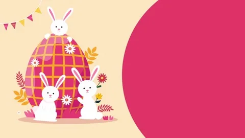 Three cute white rabbits sitting near large decorated pink easter egg background Video stock 327518543