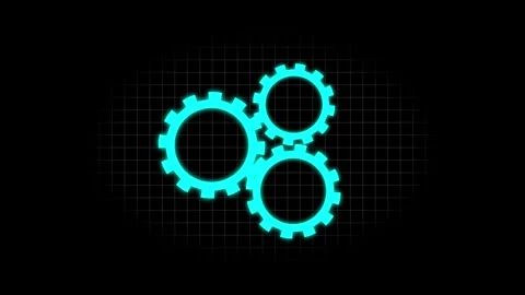 Three Cyan Glowing Gears Interlocking on a Dark Grid animated Background co.. Stock Footage 332993325