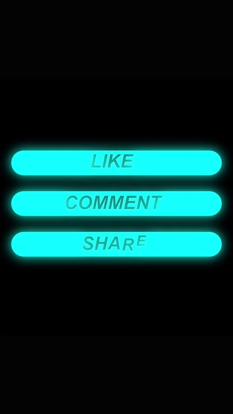 Three Cyan Neon Buttons Labeled Like Comment Share on a Black Background gl.. Stock Footage 337460553