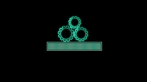 Three cyan neon gears interlocking above a cyan neon loading bar on animate.. Stock Footage 332993419